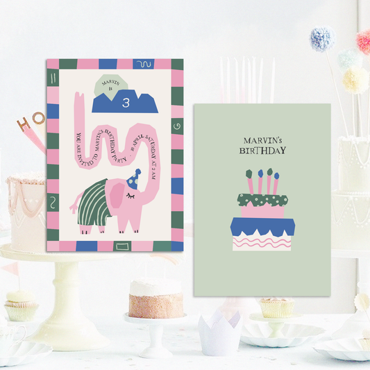 Pack of 10 Whimsical Elephant Custom Greeting Cards | Kids Birthday Invitation