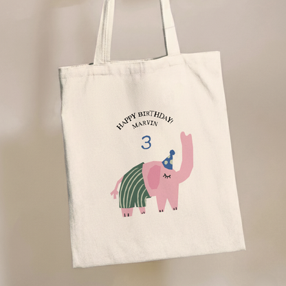 Custom Birthday Elephant Cotton Tote Bag | Personalized Kids Party Gift