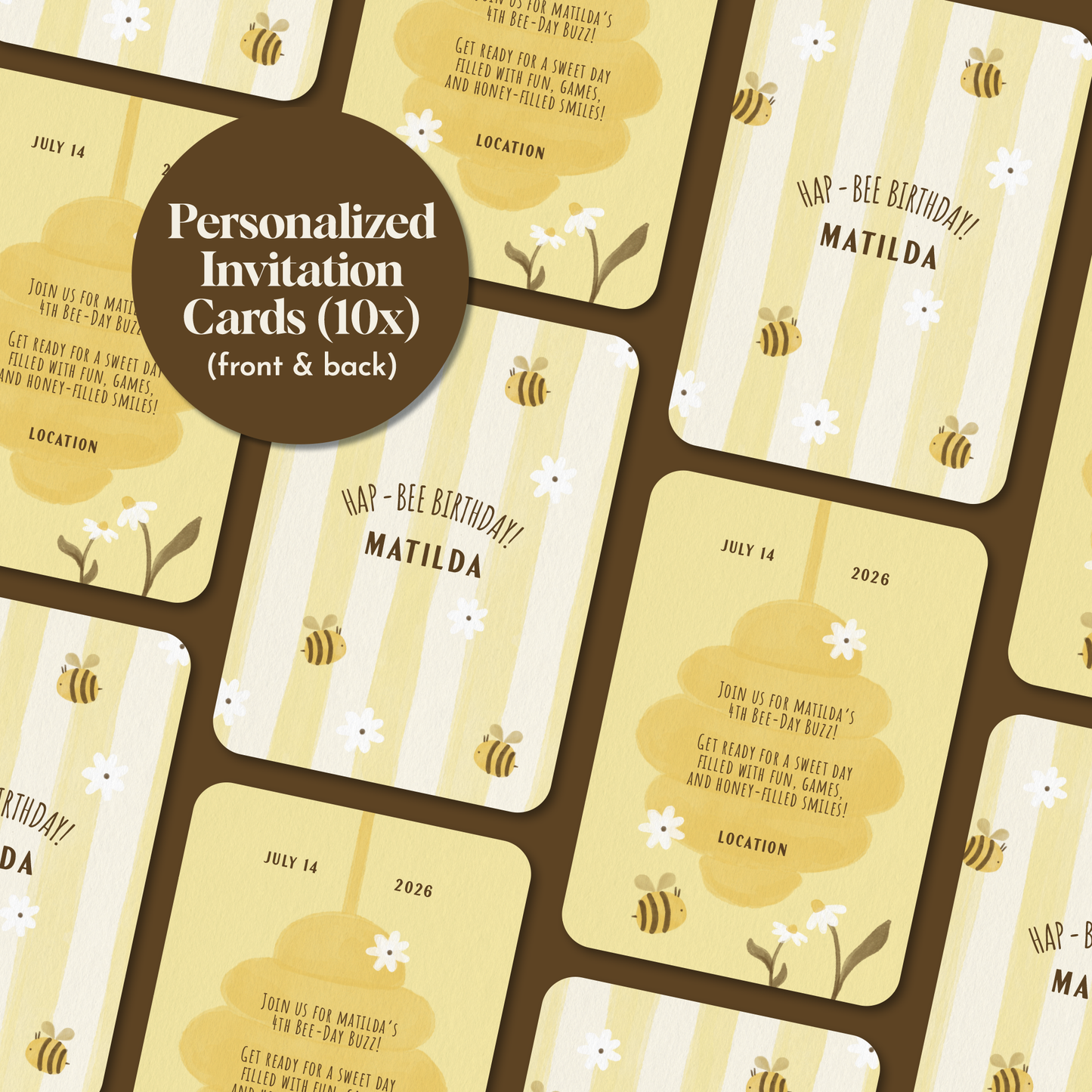 Pack of 10 Bee-Themed Custom Flat Card Set | Kids Party Invitation