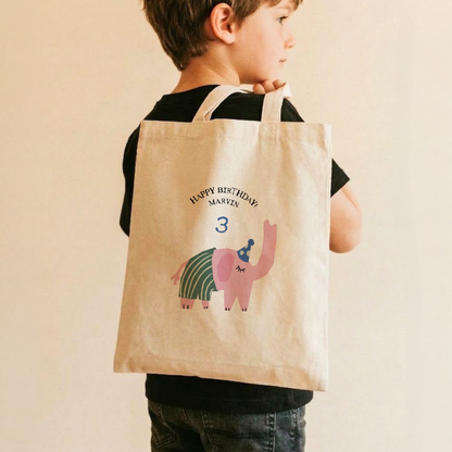 Custom Birthday Elephant Cotton Tote Bag | Personalized Kids Party Gift