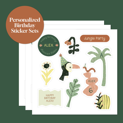 Custom Jungle Birthday Sticker Set | Personalized Kids Party Favors