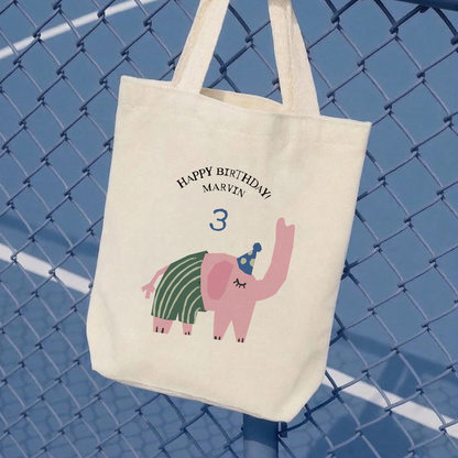 Custom Birthday Elephant Cotton Tote Bag | Personalized Kids Party Gift