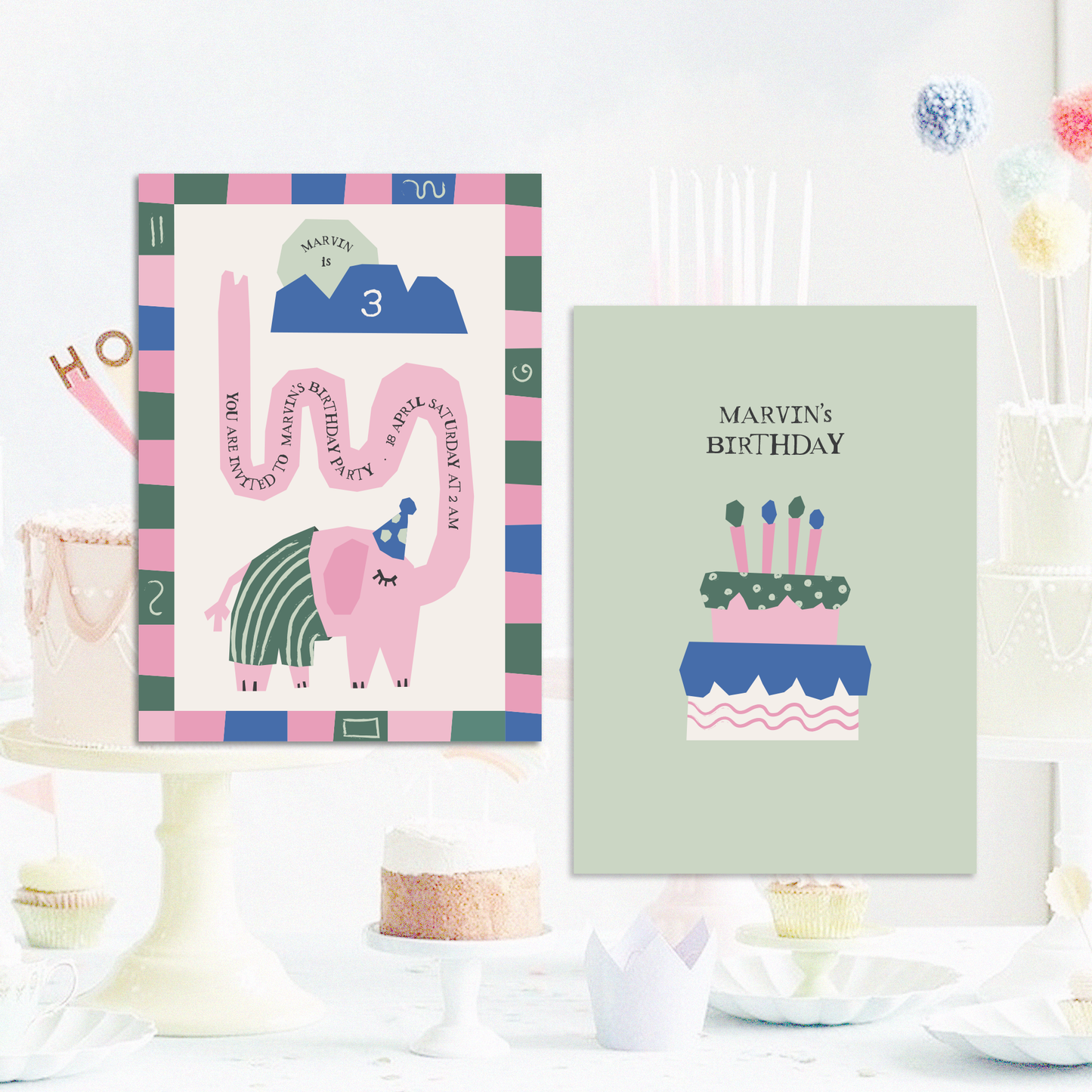 Pack of 10 Whimsical Elephant Custom Greeting Cards | Kids Birthday Invitation