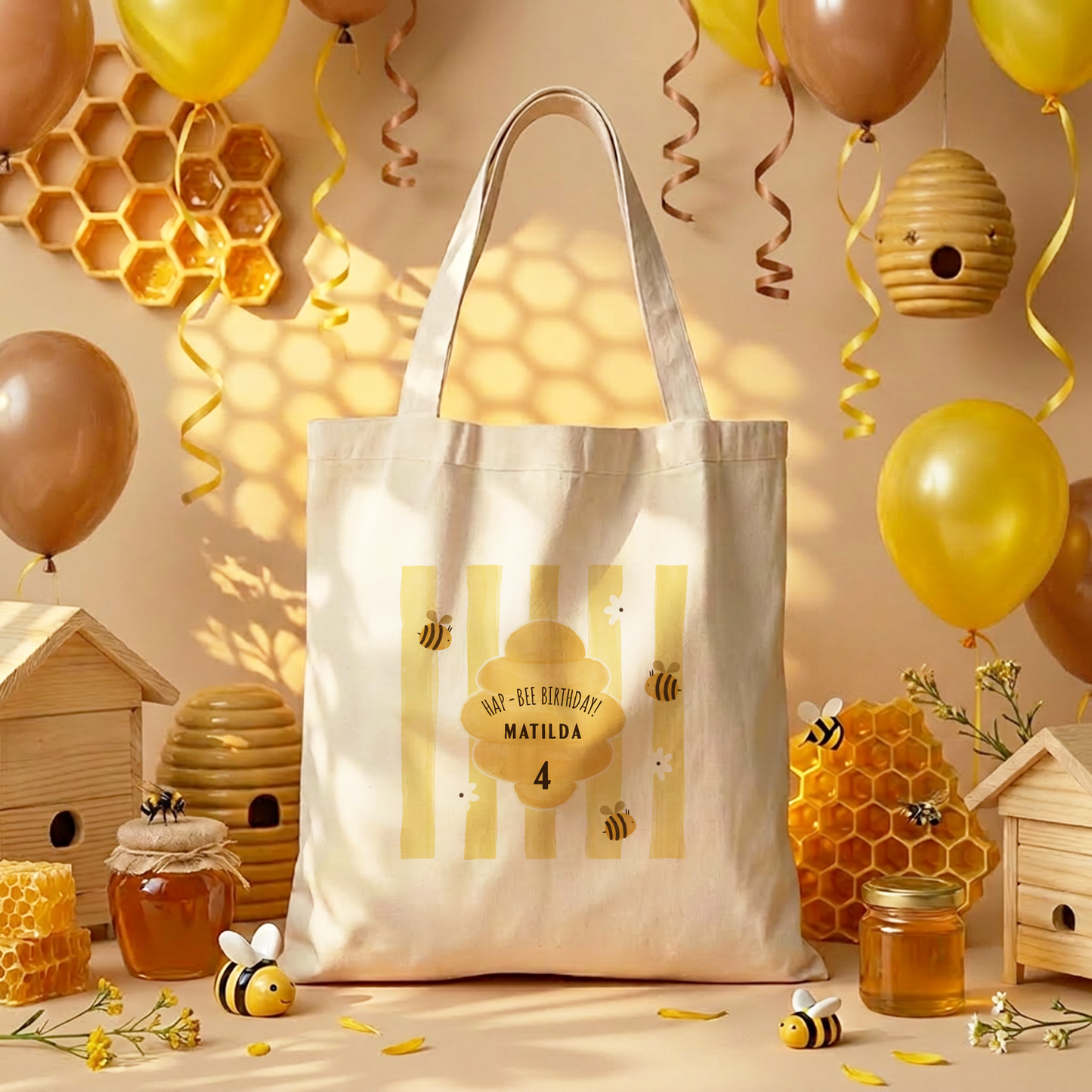 Custom Bee Birthday Tote Bag | Kids Party Favor | Minimalist Nursery Decor