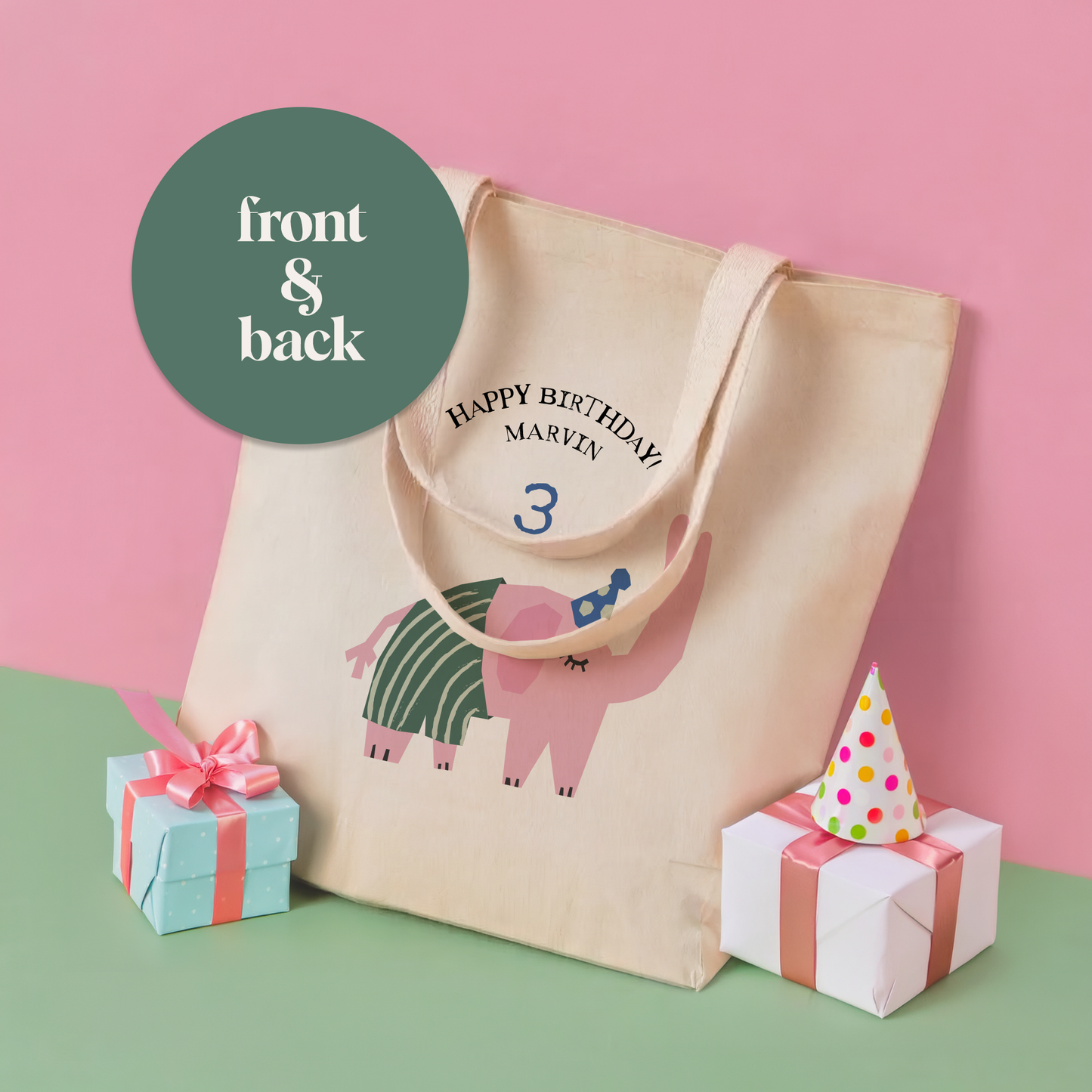 Custom Birthday Elephant Cotton Tote Bag | Personalized Kids Party Gift