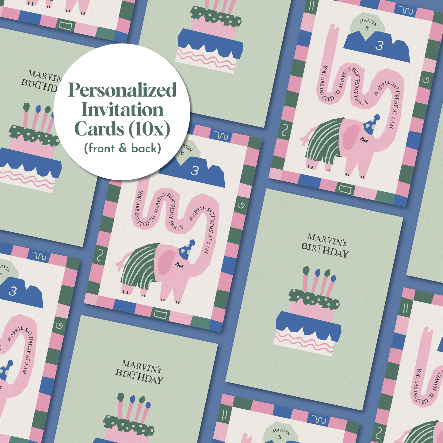 Pack of 10 Whimsical Elephant Custom Greeting Cards | Kids Birthday Invitation