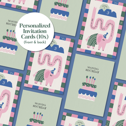 Pack of 10 Whimsical Elephant Custom Greeting Cards | Kids Birthday Invitation