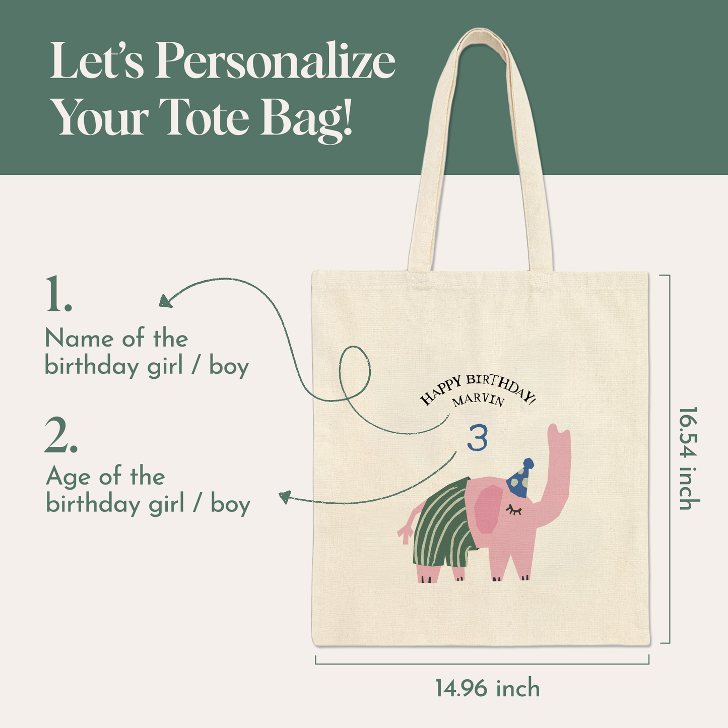 Custom Birthday Elephant Cotton Tote Bag | Personalized Kids Party Gift
