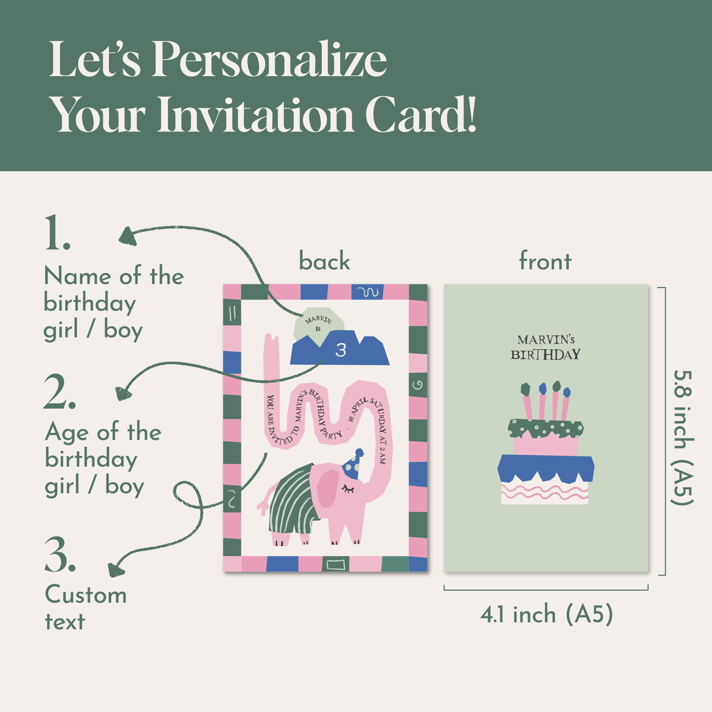 Pack of 10 Whimsical Elephant Custom Greeting Cards | Kids Birthday Invitation
