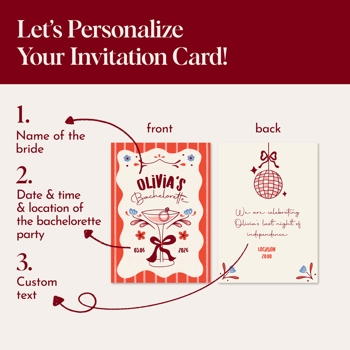 Pack of 10 Custom Bachelorette Invitation Flat Cards | Bridal Party Invite