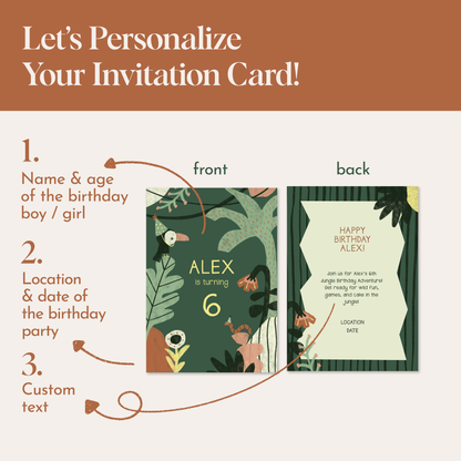 Pack of 10 Custom Jungle Birthday Invitation Cards | Kids Safari Party Invite