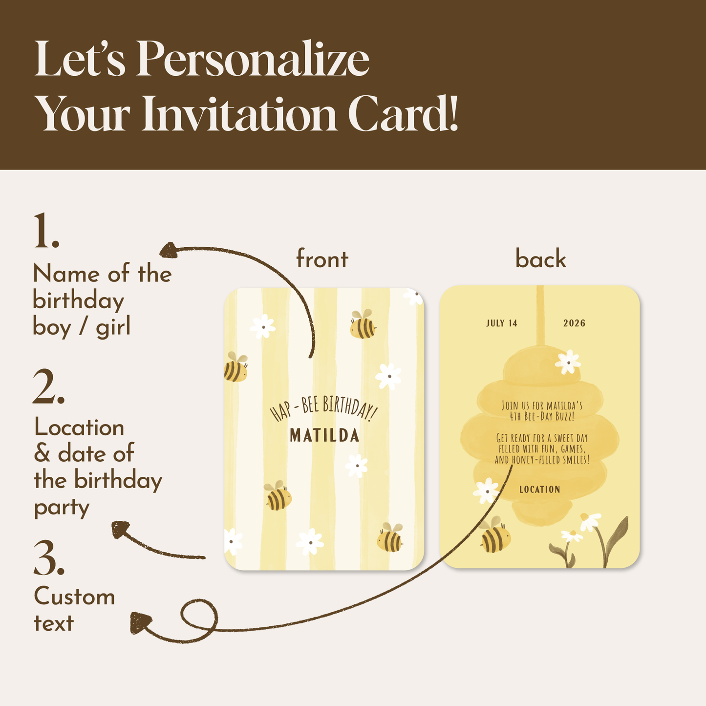 Pack of 10 Bee-Themed Custom Flat Card Set | Kids Party Invitation