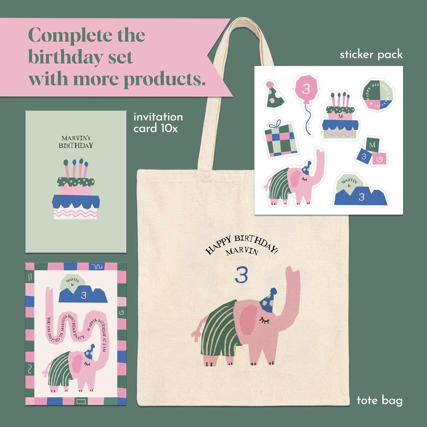Pack of 10 Whimsical Elephant Custom Greeting Cards | Kids Birthday Invitation