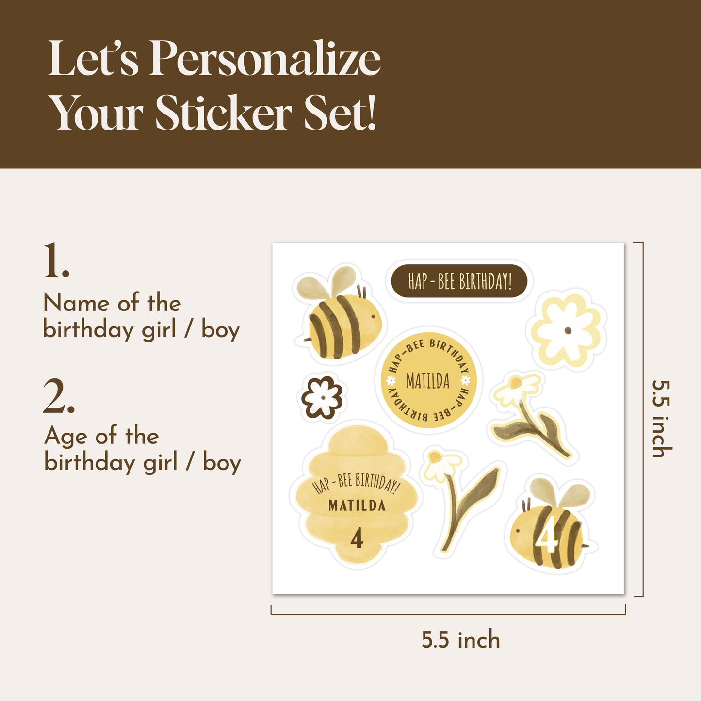 Custom Bee Birthday Sticker Set | Kids Party Favor