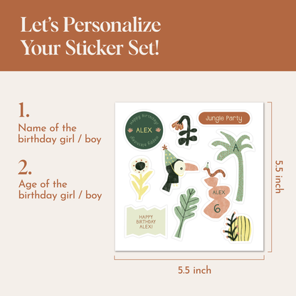 Custom Jungle Birthday Sticker Set | Personalized Kids Party Favors