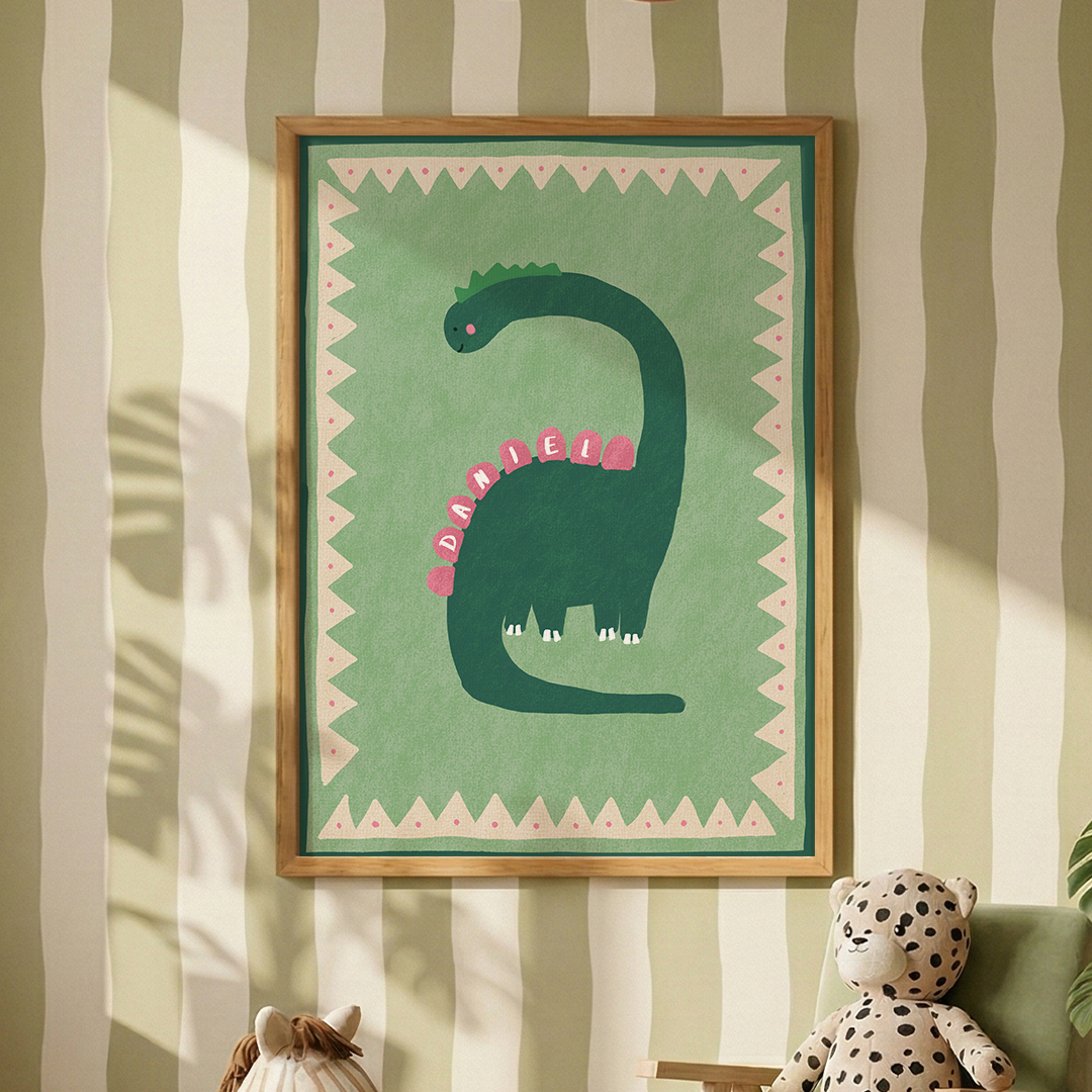 Framed Custom Name Dinosaur Art Print | Personalized Kids Room Decor