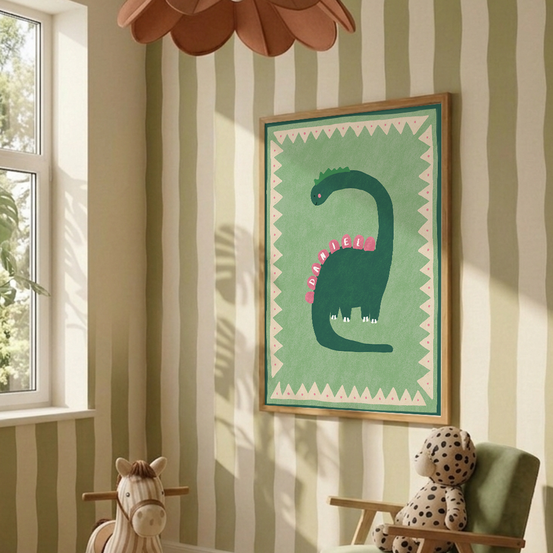 Framed Custom Name Dinosaur Art Print | Personalized Kids Room Decor