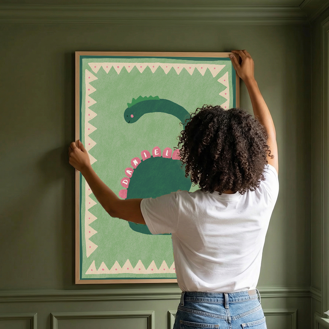 Framed Custom Name Dinosaur Art Print | Personalized Kids Room Decor